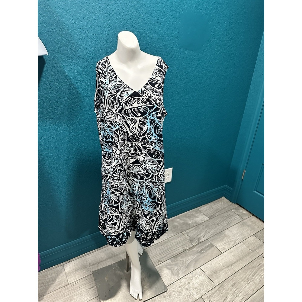 Blue Ginger Hawaiian Black/Blue/White Topical Leaves Dress M